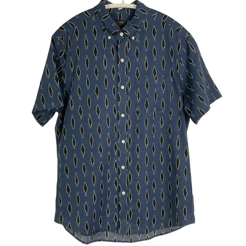 J. Crew Short-sleeve linen-cotton shirt in leaf print, men's small, blue/black